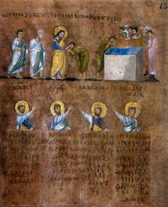 Detalle de la miniatura del Codex Purpureus Rossanensis, evangelistas griegos en miniatura probablemente de Antioquía de Siria o de Cesarea Palestina y conservado en el Museo Diocesano de Rossano de Byzantine School
